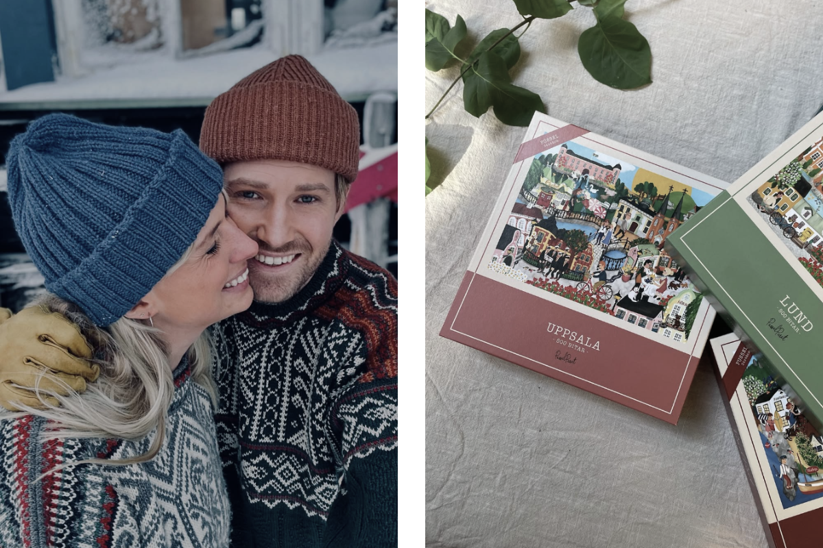 Grundarna Sebastian och Malin samt en bild på några olika pusselkartonger från företagets sortiment.